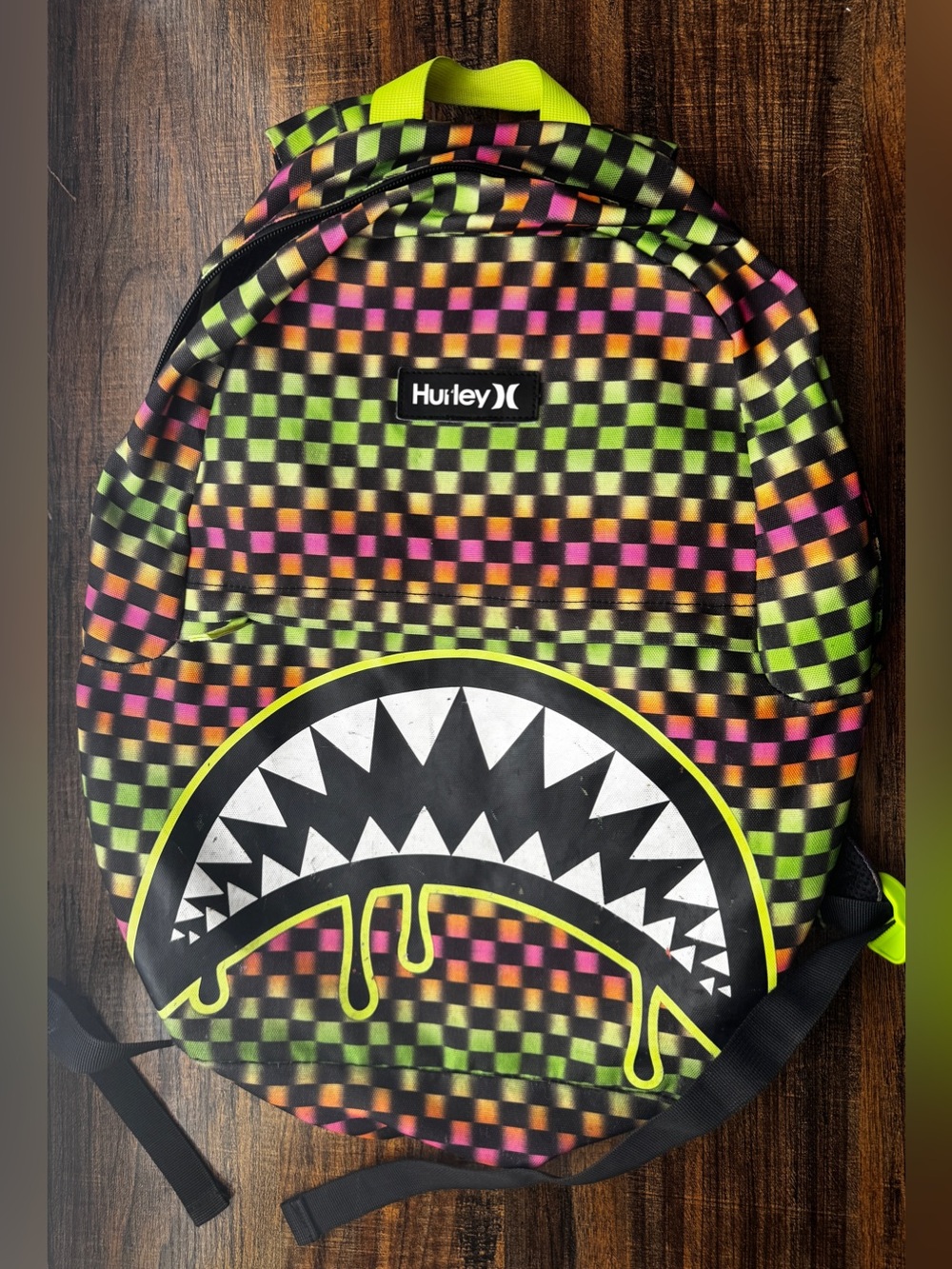 Hurley Shark Mouth Checkerboard Neon Backpack School Bag Large